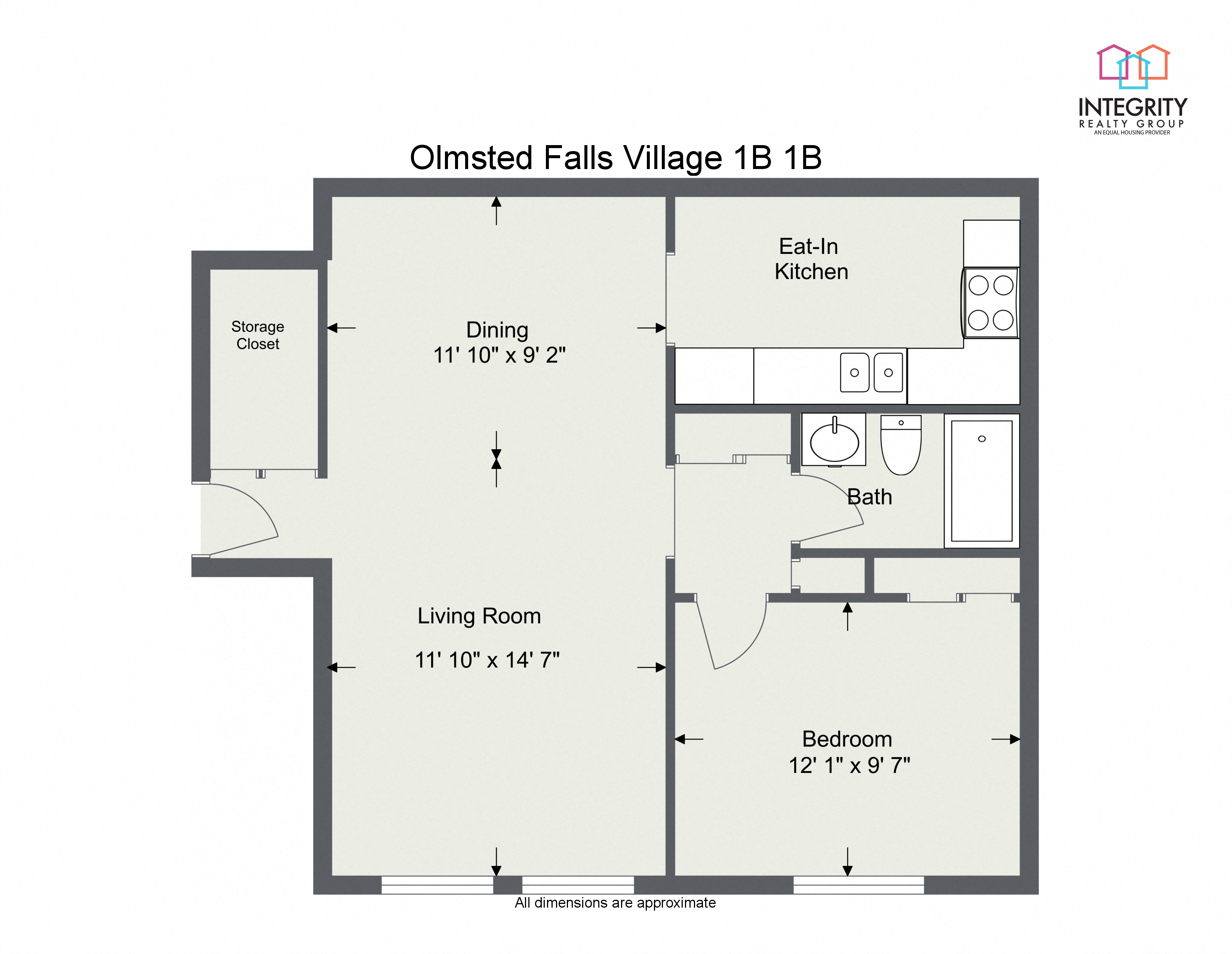 Floor plan for 1 bed, 1 bath, 750 sqft